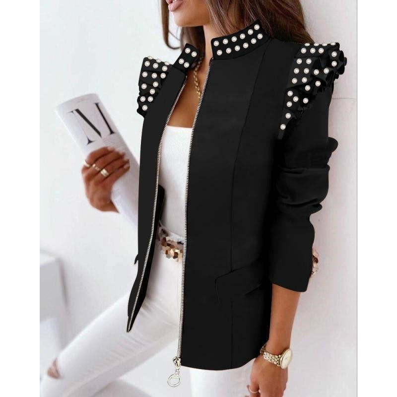 Ekartini - Wholesale Shirt Jacket/Shacket - Women's - Ruffled Long-Sleeved Stand Collar Zipper Print Shacket0