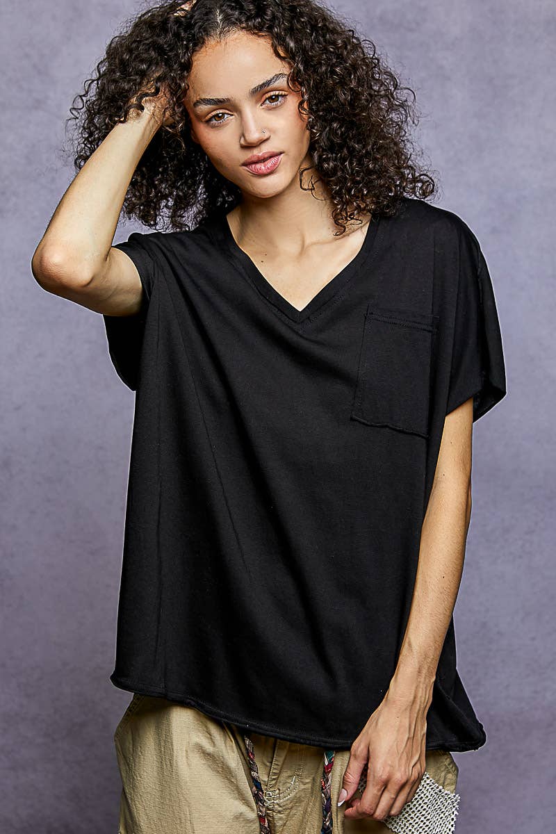 Pol Clothing - Wholesale T-Shirt - Women's - Oversized v-neck front pocket short sleeve solid top SALE0