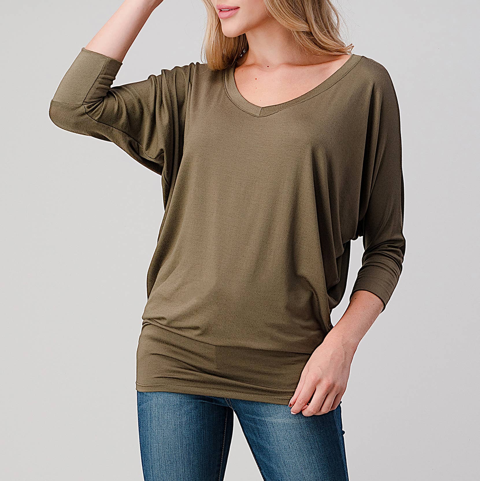 Heimious - Wholesale Knit Top - Women's - 3/4 Dolman Sleeve V-neck Modal Jersey Top, 257320