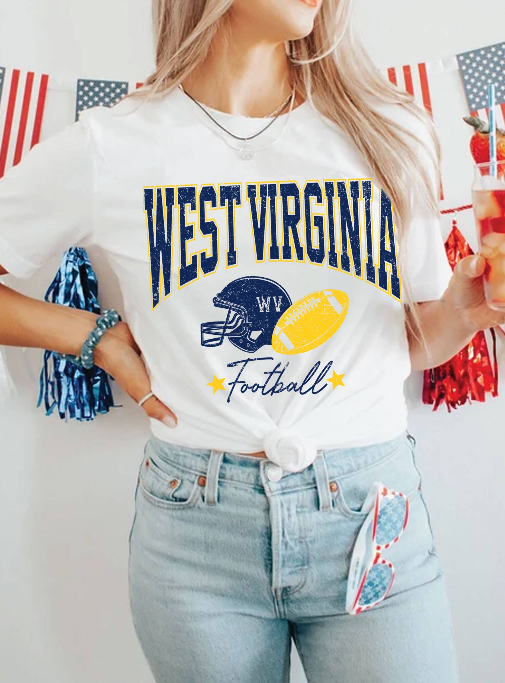 Rustee Clothing - Wholesale Screen Printed T-Shirt - Women's - WEST VIRGINIA FOOTBALL GRAPHIC TSHIRTS0