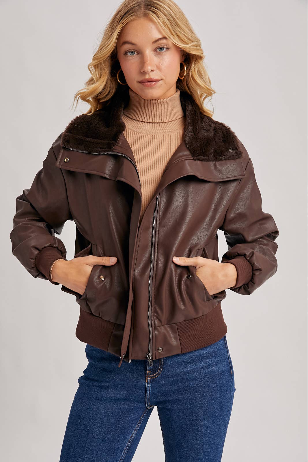 Bluivy - Wholesale Bomber Jacket - Women's - AVIATOR FAUX LEATHER AND FUR TRIMMED BOMBER JACKET17