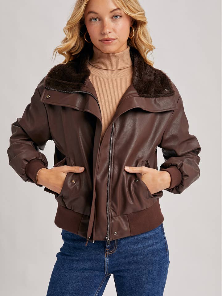Bluivy - Wholesale Bomber Jacket - Women's - AVIATOR FAUX LEATHER AND FUR TRIMMED BOMBER JACKET17