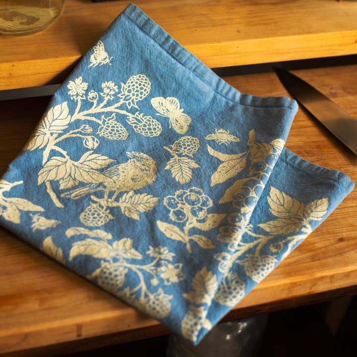 Mustard Beetle - Wholesale Tea Towel - Hand Dyed + Screenprinted Organic Cotton Tea Towel: Berries