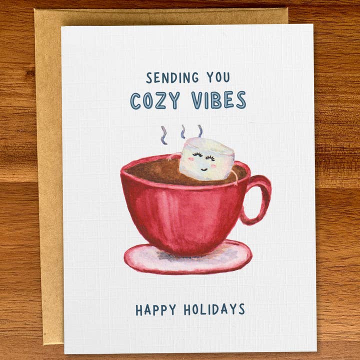 Cute marshmallow hot chocolate Xmas card, Cozy holiday vibes for wholesale by Pink Hill Press