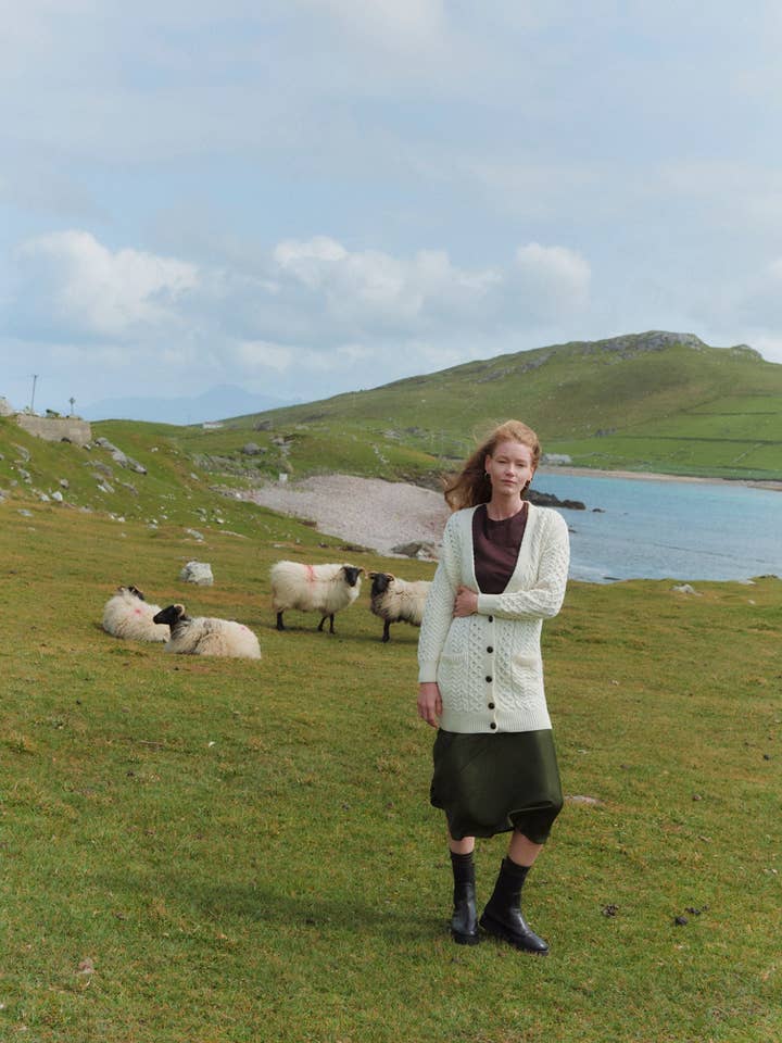 Delphi Aran Boyfriend Cardigan - Cream for wholesale by Aran Woollen Mills