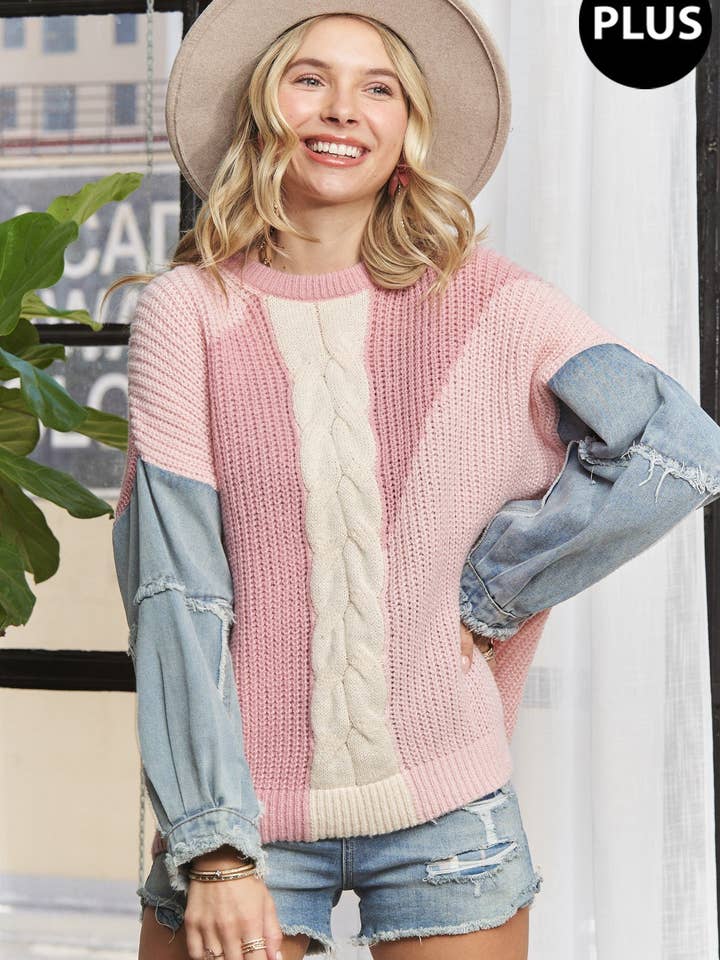 LESW3593X - PLUS FRAYED DENIM SLEEVE COLORBLOCK for wholesale by Madelyn