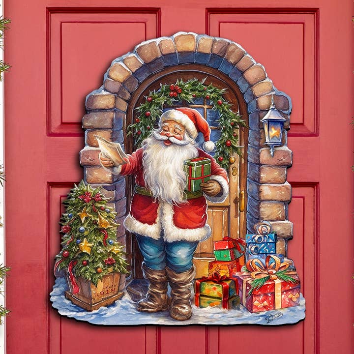 Santa's Surprise Visit Holiday Door Decor Debrekht Xmas for wholesale by Designocracy