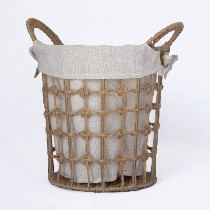 Round Hemp Tied Wire Basket with Fabric Inner for wholesale by Basketly