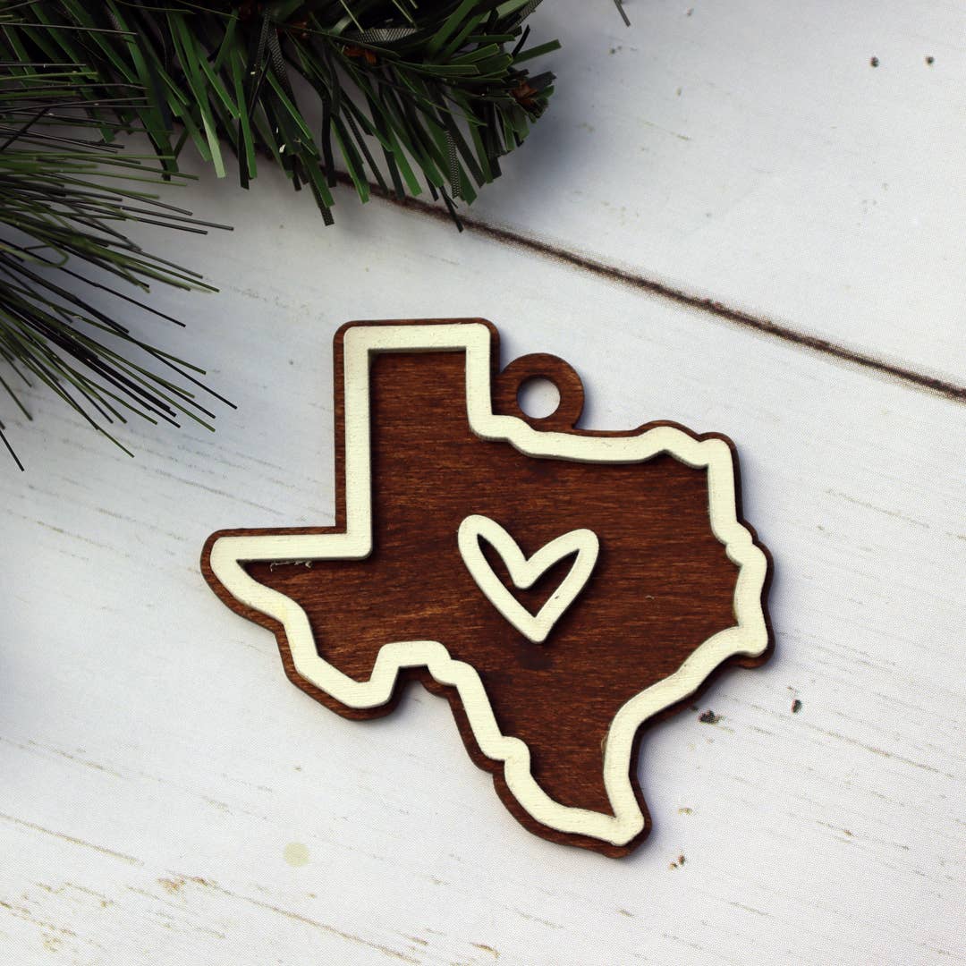 The Trendy Traveler – Ornamento por atacado – Enfeite de Natal de madeira em camadas do Texas1