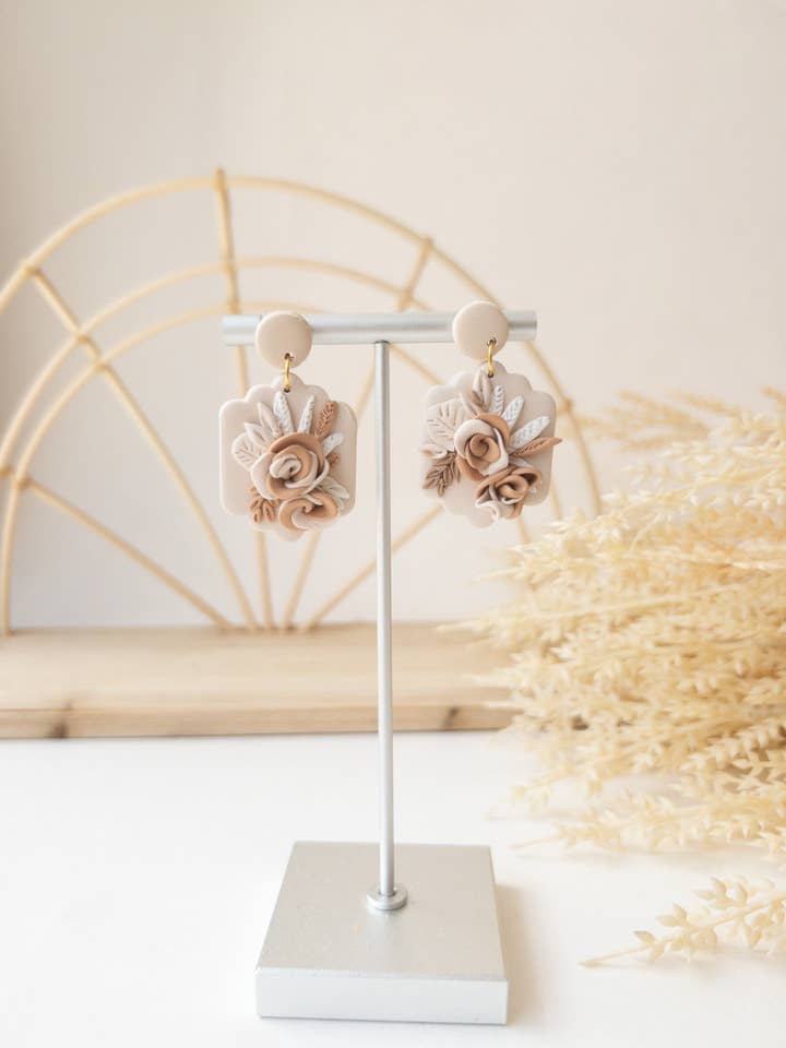 Neutral Boho Wedding Earrings | Pampas | Clay Earrings | Floral | Simple for wholesale by Belltina Clay Co.
