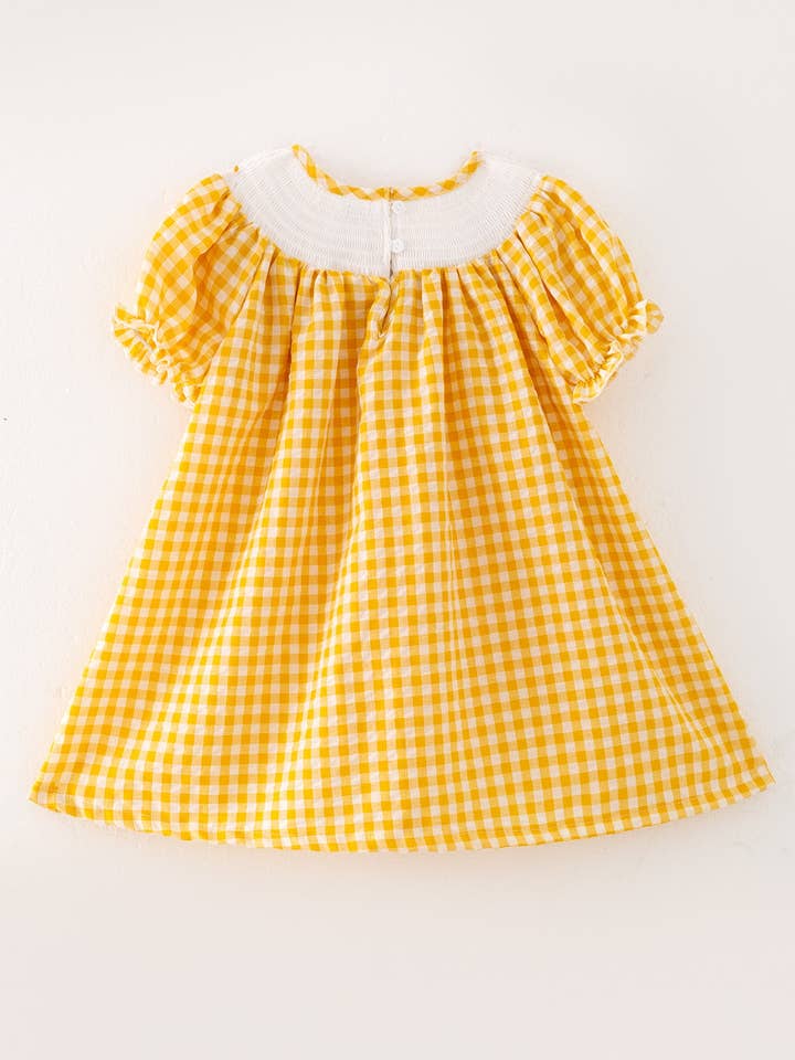 Rylee Faith Designs - Wholesale Dress - Kids - Chicken Smocking Embroidered Yellow Plaid Girls Dress1