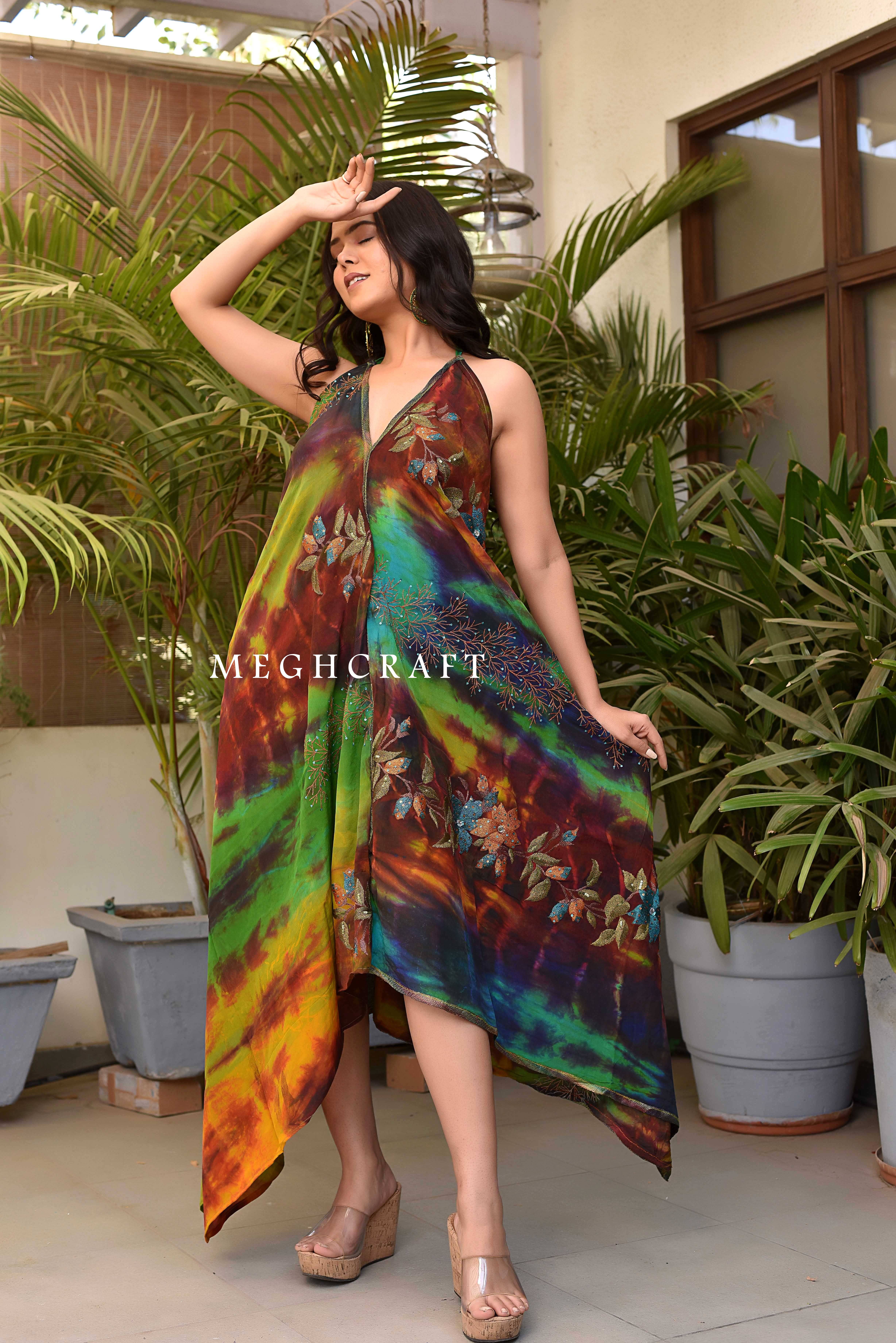 Meghcraft - Vendita all'ingrosso Vestito - Donna - Abito all'americana decorato con stampa tie-dye vintage indiano9