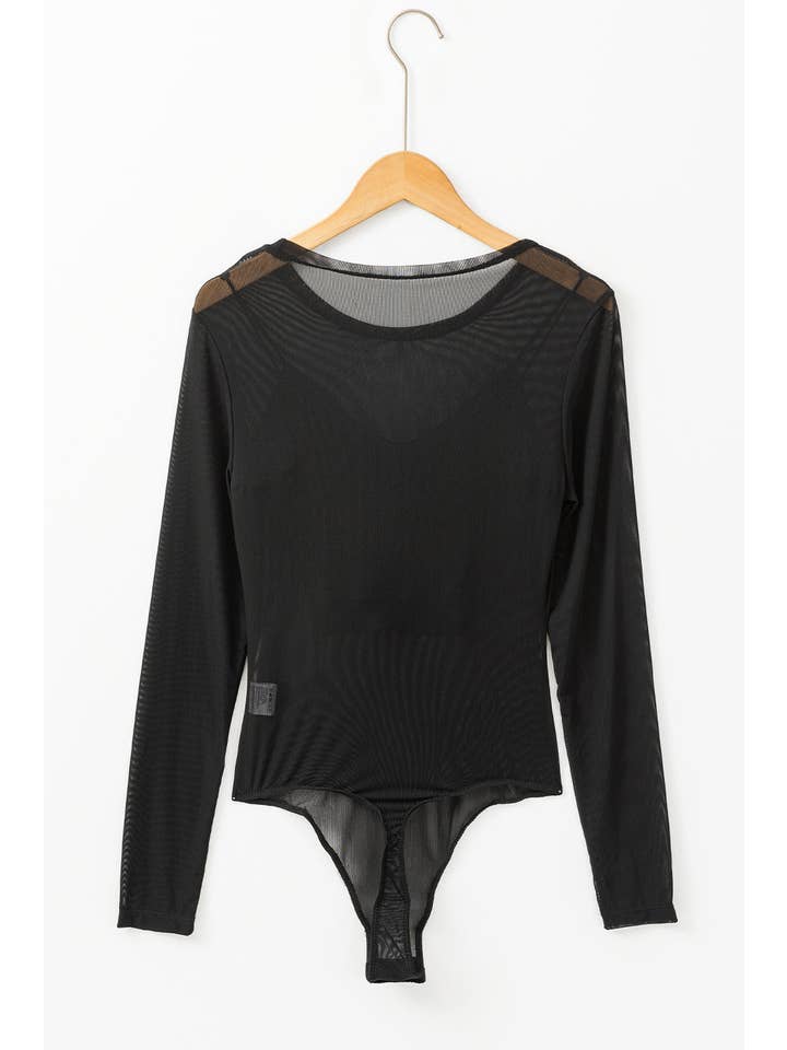 Black Solid Mesh Long Sleeve Bodysuit for wholesale on Faire