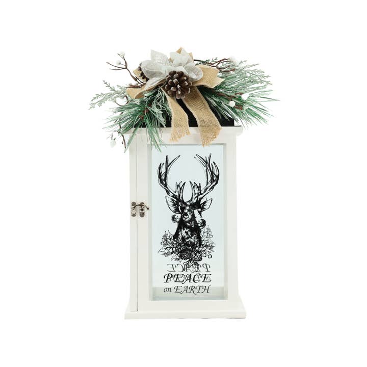 18" White Wood Lantern with Deer for wholesale by Tremont Floral Supplies