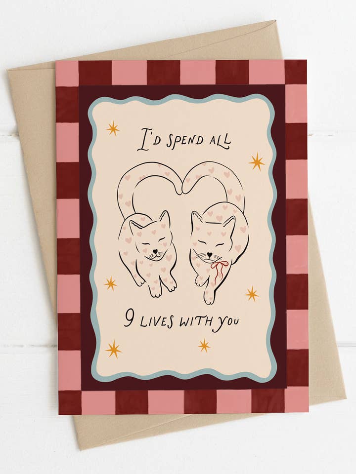 I'd spend all 9 lives with you | Valentine's day card for wholesale by Illustrations Its Funny Howww Inc
