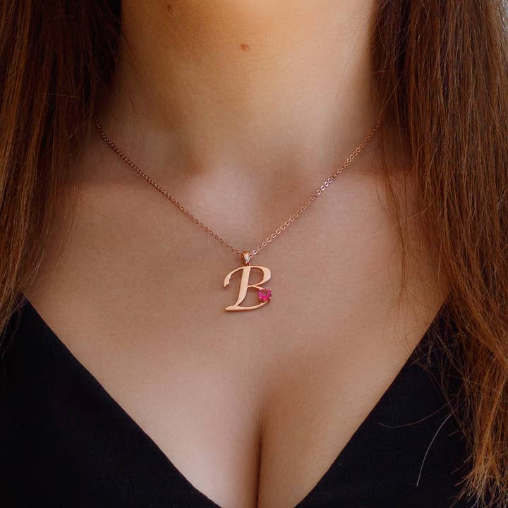 Thesoftcheek Jewelry - Wholesale Pendant/Charm Necklace - Initial Letter Necklace Silver Rose Gold Vermeil- Pink Topaz3