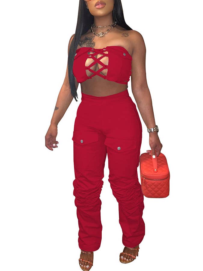 MB Fashion Wholesale - Wholesale Top & Pant Set (NOT Loungewear) - Women's - MB FASHION Strapless Lace-Up Top and Cargo Pants Set 8374LY