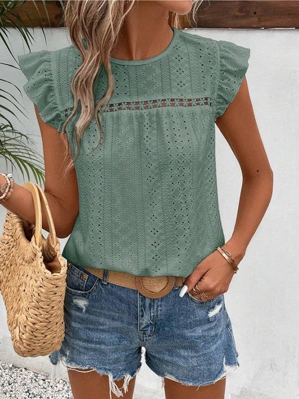 Suhkasana - Vendita all'ingrosso Camicetta - Donna - Top estivo in pizzo con maniche a volant per donna - Casual e alla moda11