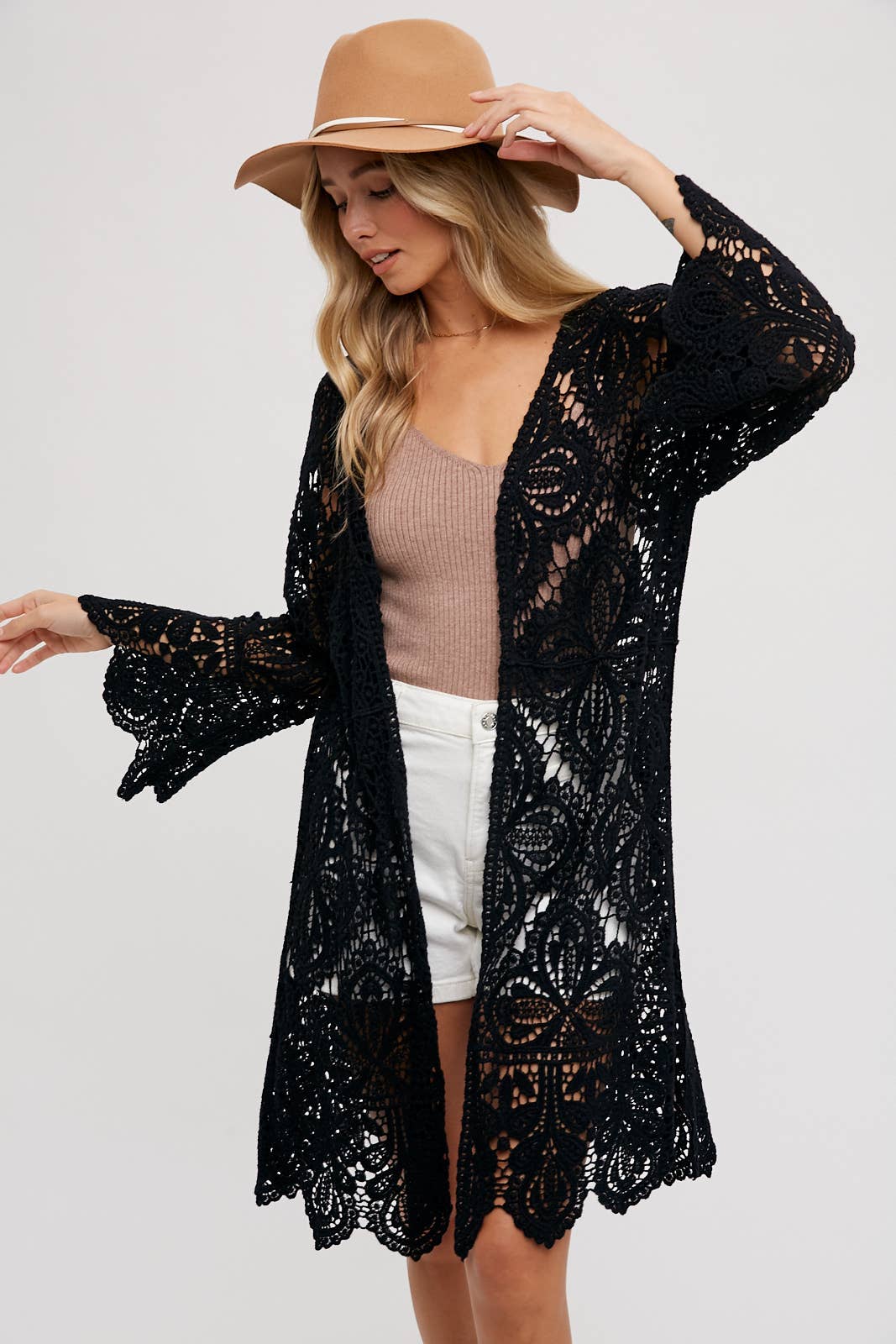 Bluivy - Vente Cardigan – femme - Cardigan en crochet ouvert à manches cloche, longueur genou2
