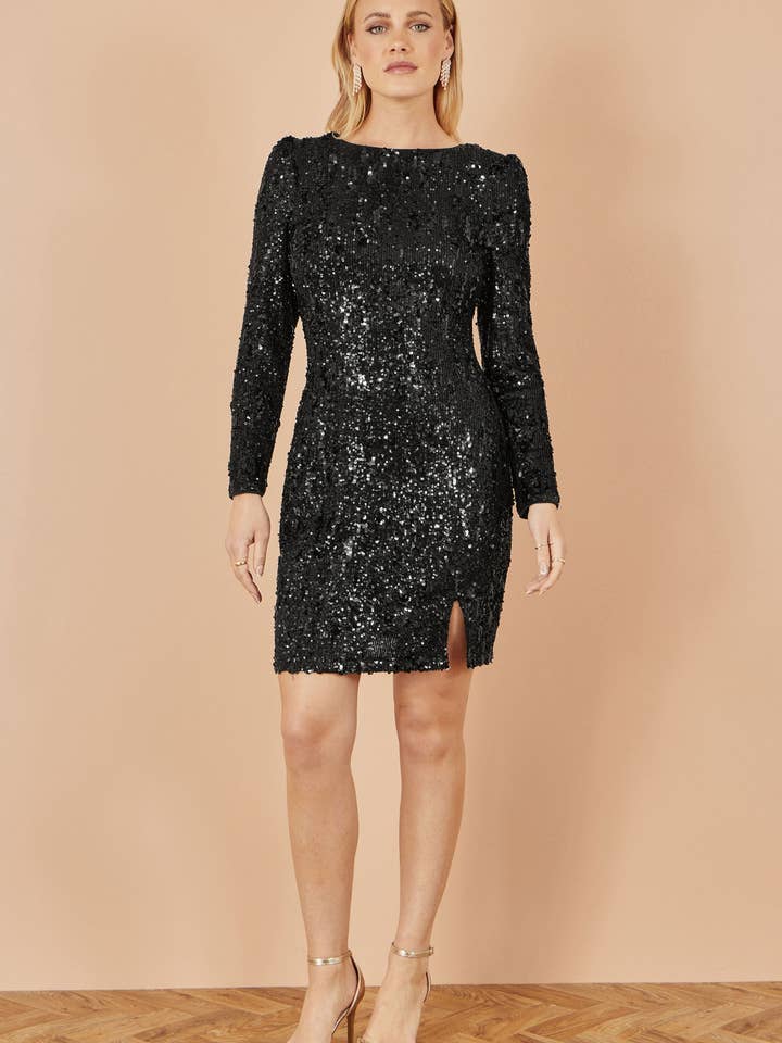 Robe ajustée à manches longues en sequins noirs Yumi pour la vente par Yumi