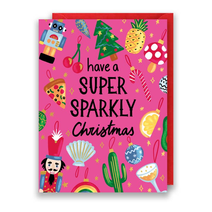 Jessie Maeve Studio - Vente Cartes de Noël - Carte d'Ornements de Sapin de Noël en Feuille d'Or - Super Scintillante