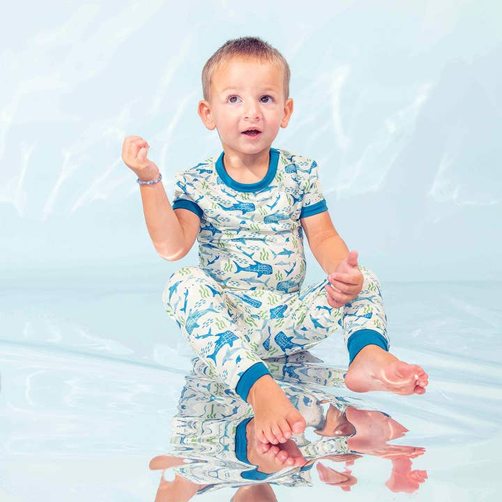 Blue Multi Shark Friends Ocean Kids Bamboo Pajamas Toddler Sleep Set for wholesale on Faire2