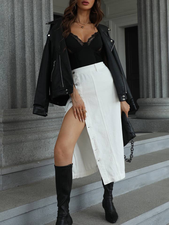 Rosa Clothing - Wholesale Skirt - Women's - Simple Irregular Slit Denim High-Waisted Maxi Skirt14