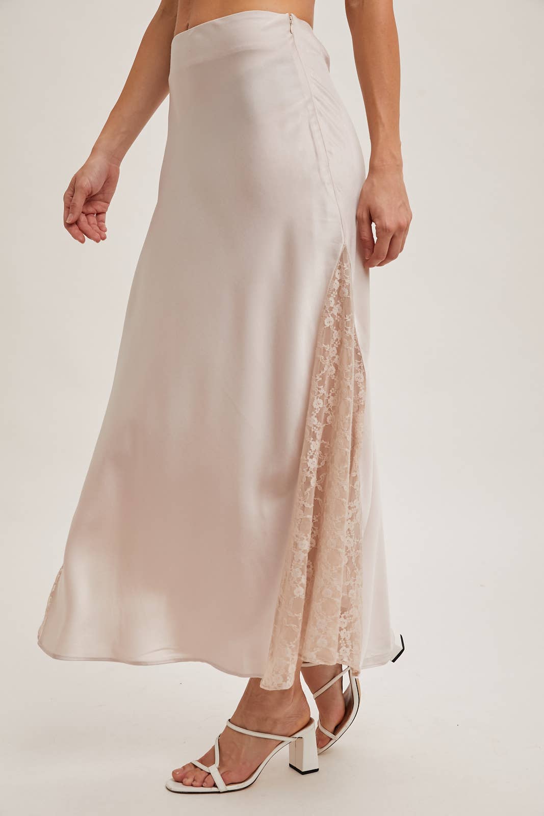 Bluivy - Vente Jupe – femme - Jupe midi en satin taille mi-haute avec bordure en dentelle18