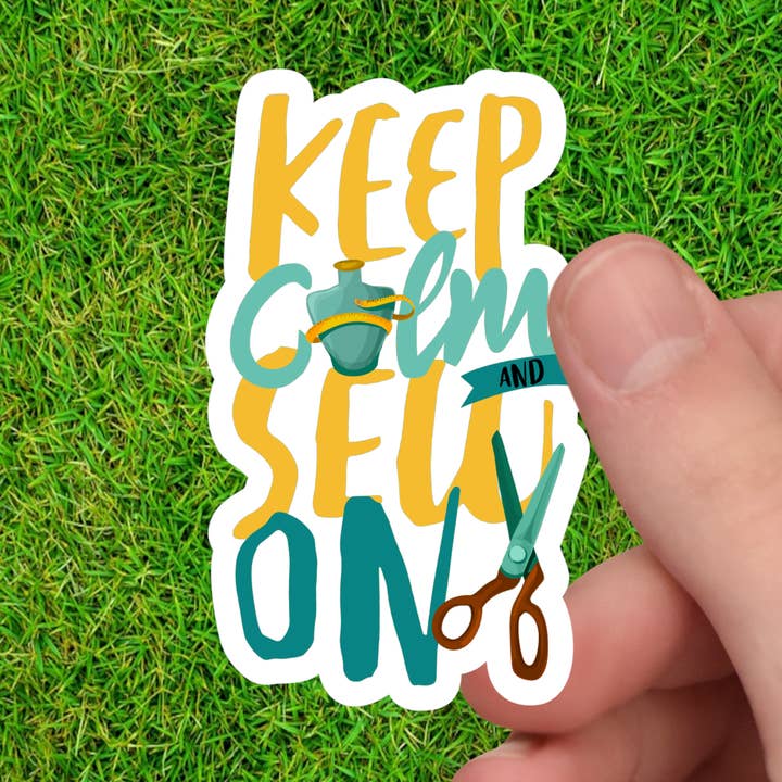 Keep Calm and Sew On | Sewing Sticker | Sewing Machine Decal for wholesale by Dancing Dolphin Crafts