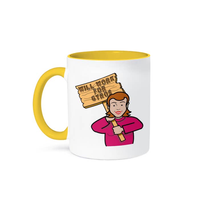 3dRose - Wholesale Coffee mug - 3dRose, Funny Humorous Woman Girl With A Sign Will Work For Gyros, Mug