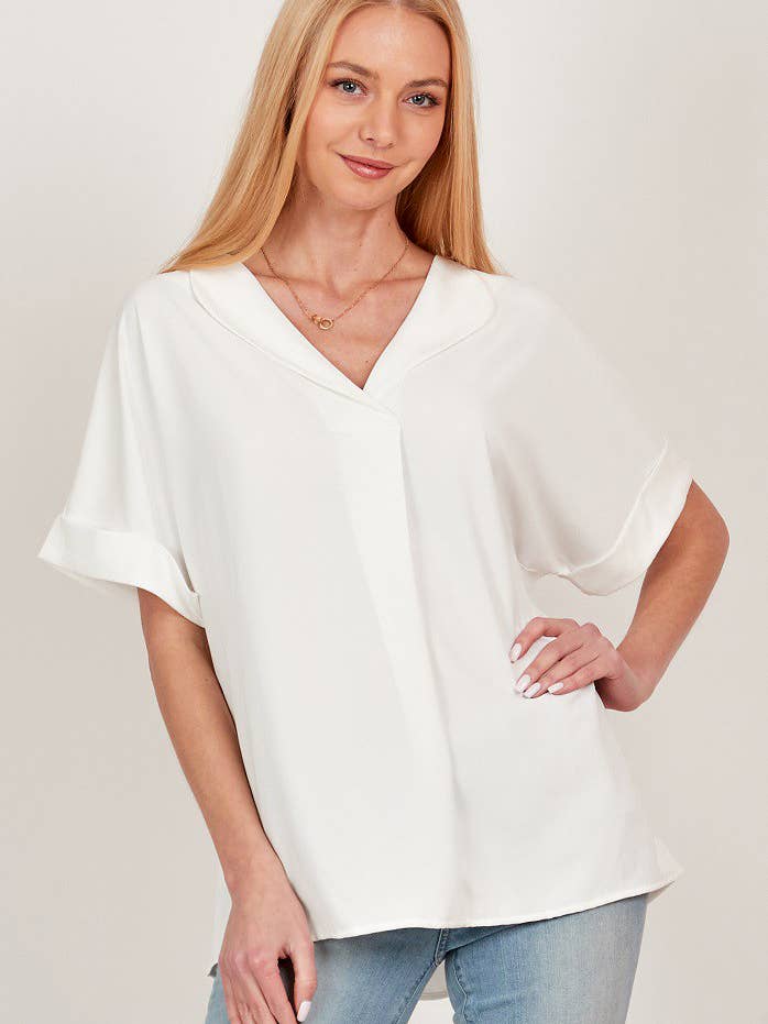 SPT5068 - WOMEN SOLID COLLARED SHORT SLEEVE LOOSE BOXY TOP for wholesale by Shopin LA