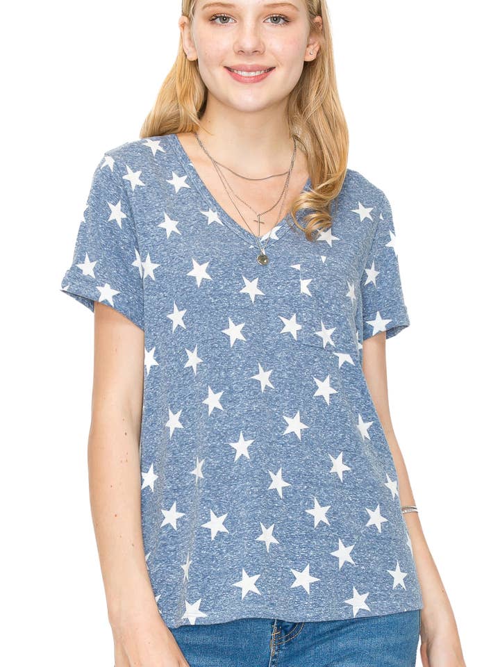 Women V neck Printed Short Sleeve Top with Pocket for wholesale by Follow Me Apparel