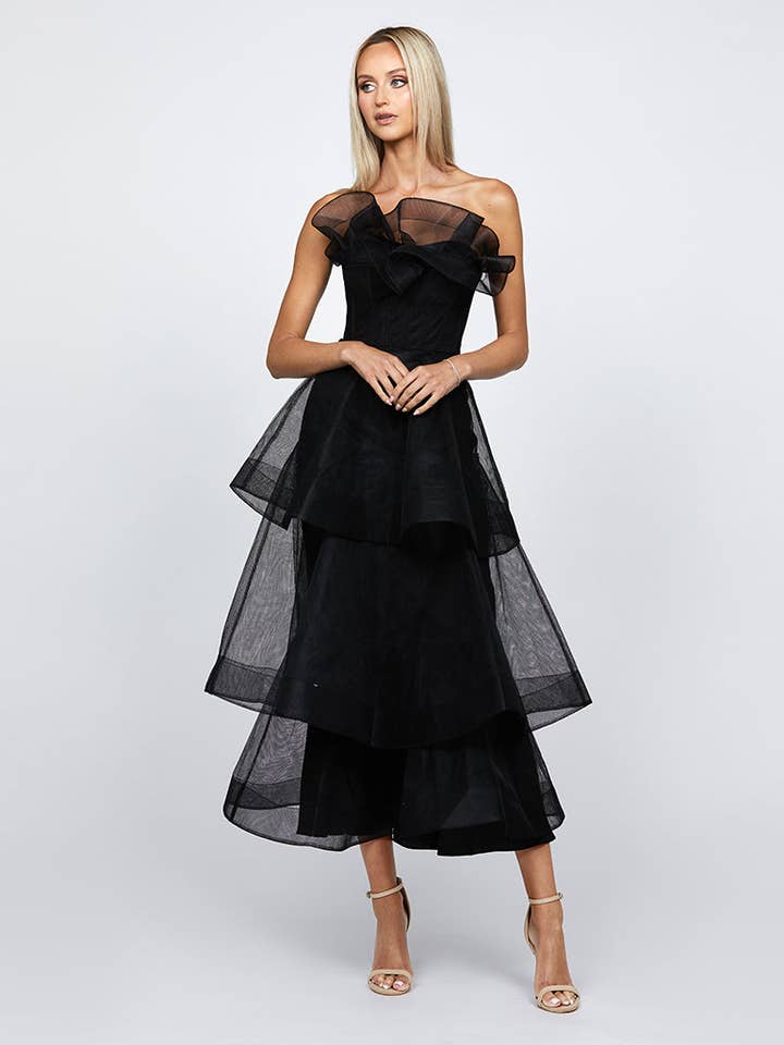 BLACK KASCADE TIERED RUFFLE MIDAXI B68D07L for wholesale on Faire