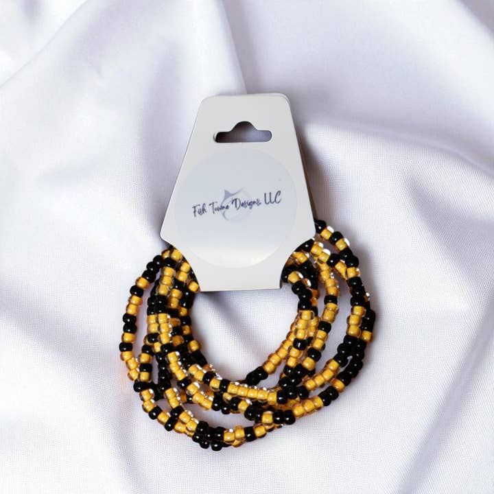 Fish Towne Designs, LLC - Wholesale Beaded Bracelet - Black & Gold Beaded Game Day Seed Bead Bracelet Stack8