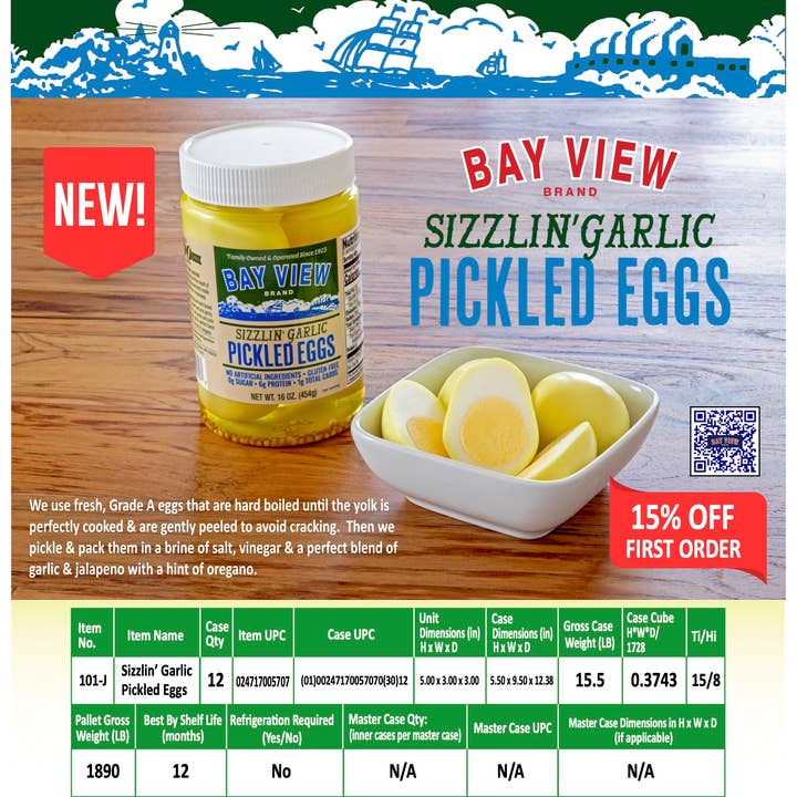 Bay View Packing - Wholesale Pickled Vegetables - Bay View Packing Sizzlin' Garlic Pickled Eggs 16 ounce jars1