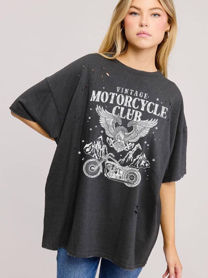 T-shirt sans coutures surdimensionné à manches courtes avec graphique du club de motos vintage pour la vente par Zutter