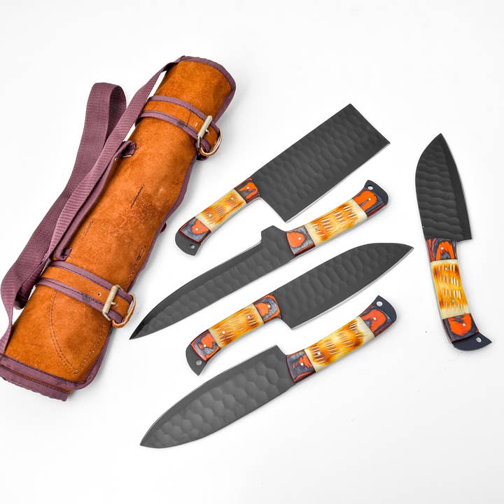 Titan International - Wholesale Knife Set - 5-Piece Knife Set / With Leather carry Bag Burnt Bone