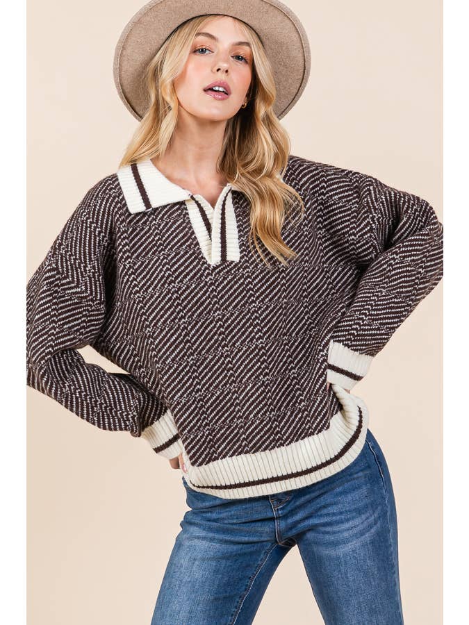 DK Brown Chevron Print Long Sleeve Collared Sweater (2024 FW) for wholesale on Faire