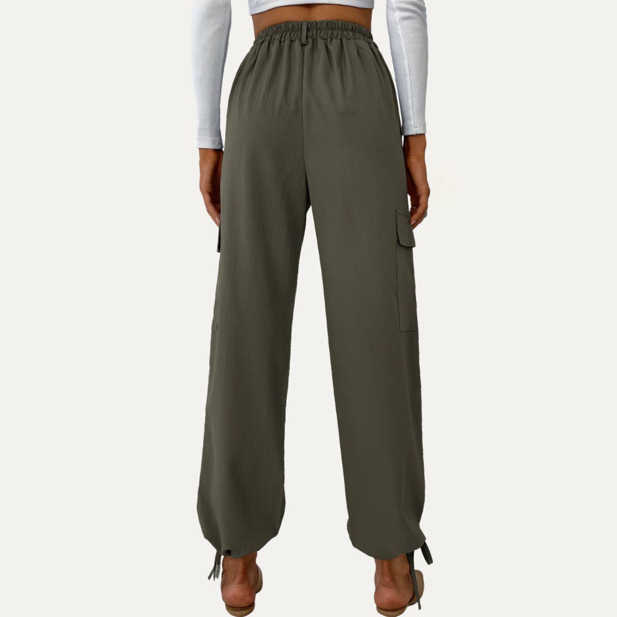 Dark Olive Casual High Waisted Pockets On Tie-Hem Jogger Pants for wholesale on Faire4