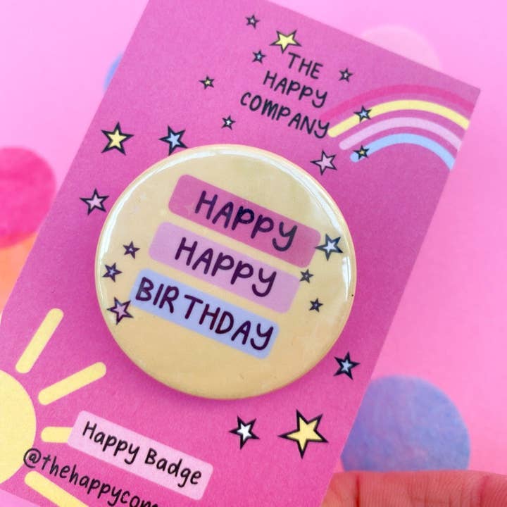 Birthday Pin Badge | Happy Birthday yellow and pink badge for wholesale by The Happy Company