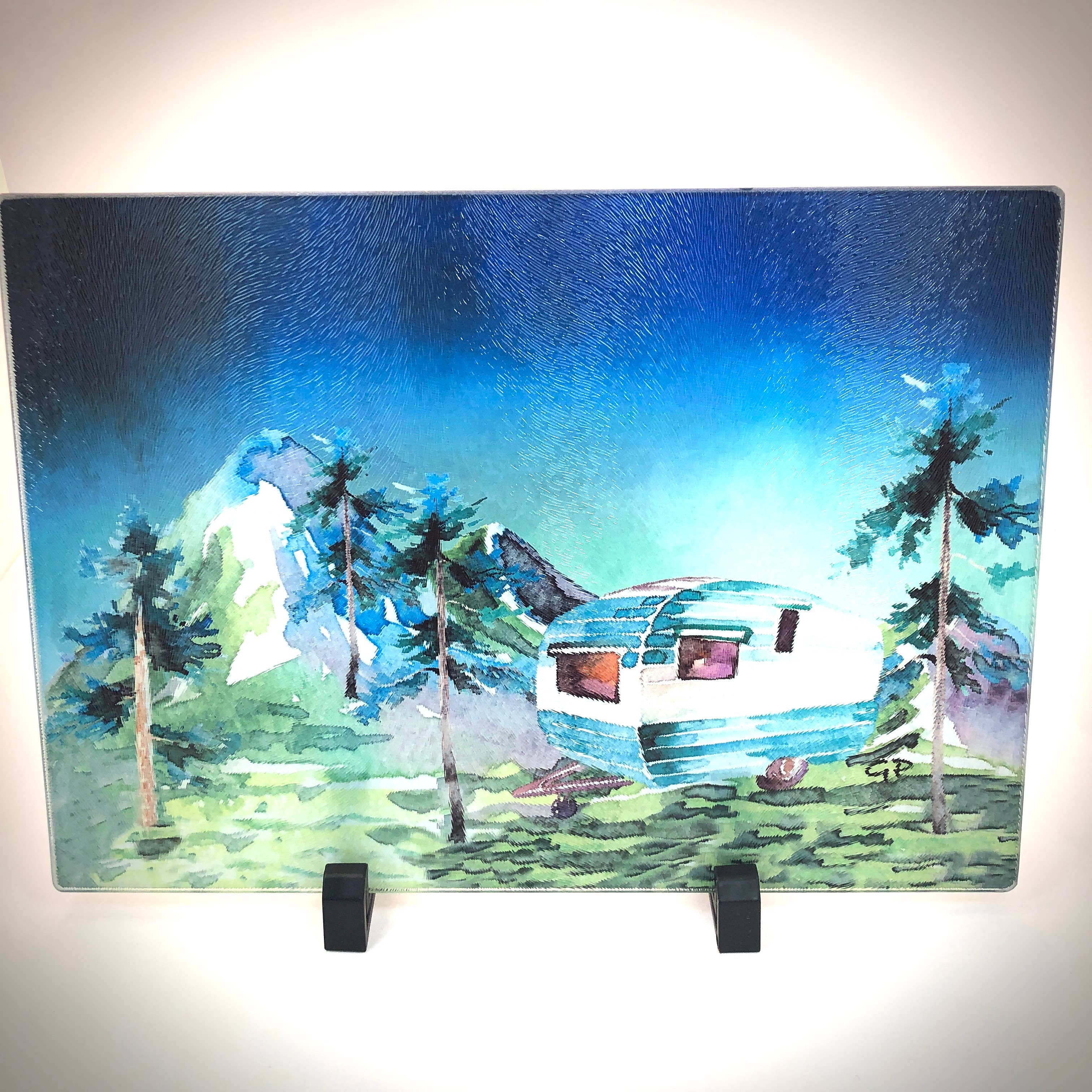 GP Originals - Wholesale Cutting Board - Watercolor Camper - 11" x 8" Tempered Glass Cutting Board0