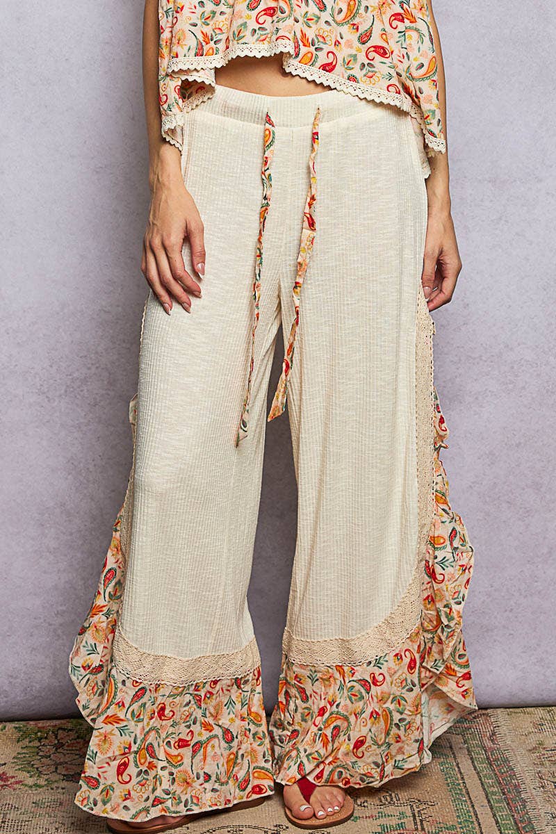 Pol Clothing - Wholesale Pants - Women's - Floral Pattern Ruffle Detail Ribbed Knit Pants20