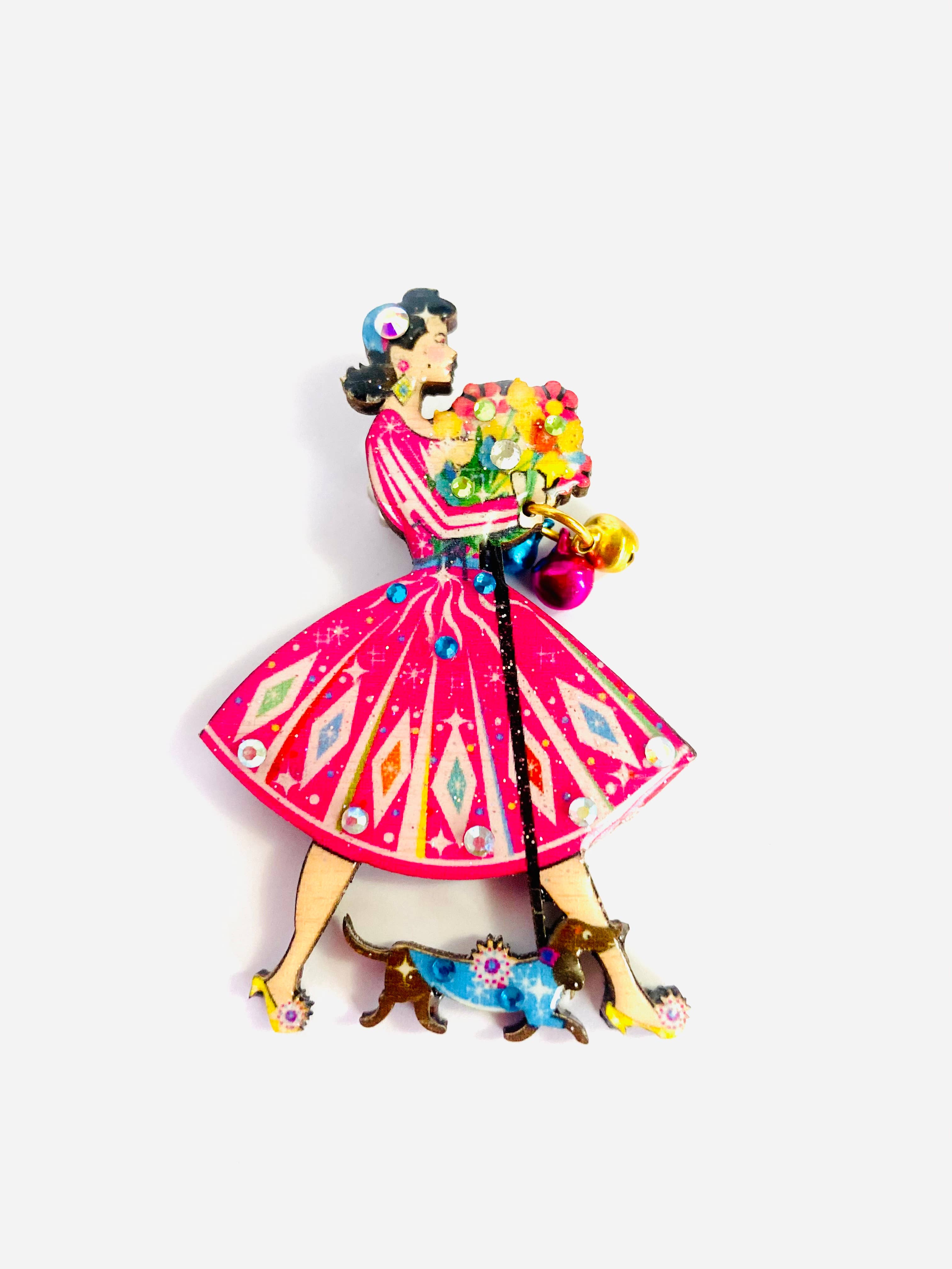 Rosie Rose Parker - Vente Broches - Broche rétro originale années 1950 avec dame d'été et chien saucisse3
