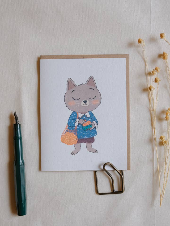 Farmers Market Cat Greeting Card for wholesale by Justine Gilbuena