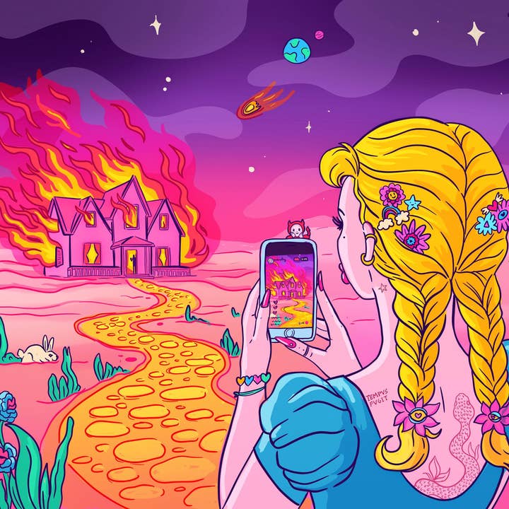 Stampa d'Arte Surrealismo Pop Lowbrow La Mia Casa in Fiamme per la vendita all'ingrosso da parte di Zubieta Illustration