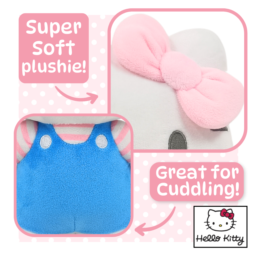 Baby Republic – Engroshandel Plyslegetøj - Børn og baby – 40cm Hello Kitty stående plys lyseblå kjole med lyserød stribe skjorte2