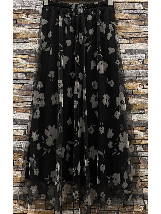 LOOWIE - Wholesale Skirt - Women's - EL125FLBL Black Sheer Overlay Floral Print Maxi Skirt