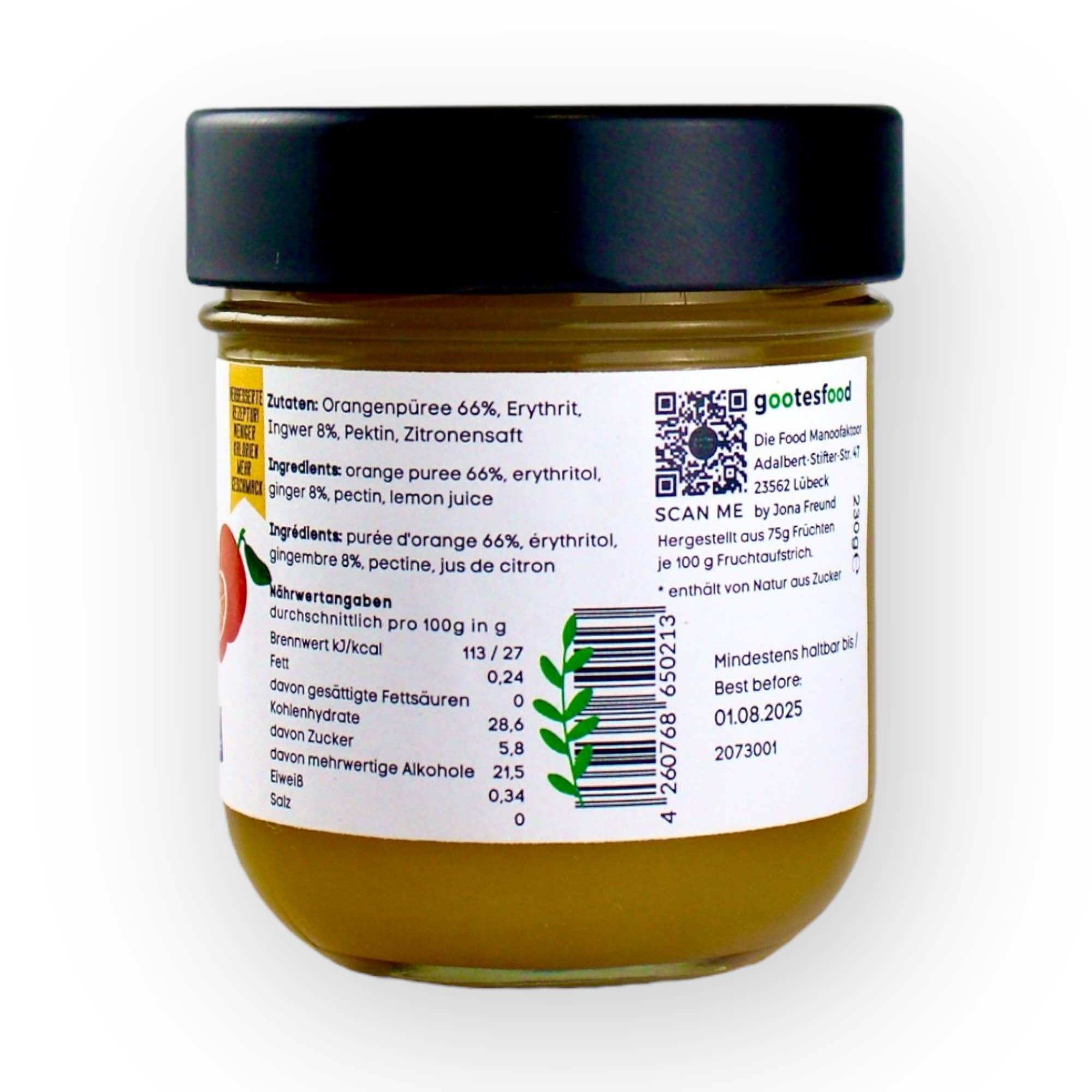 gootesfood -Die Food Manoofaktoor – Engroshandel Marmelade – Sukkerfri appelsin ingefær 75% frisk frugt pålæg5