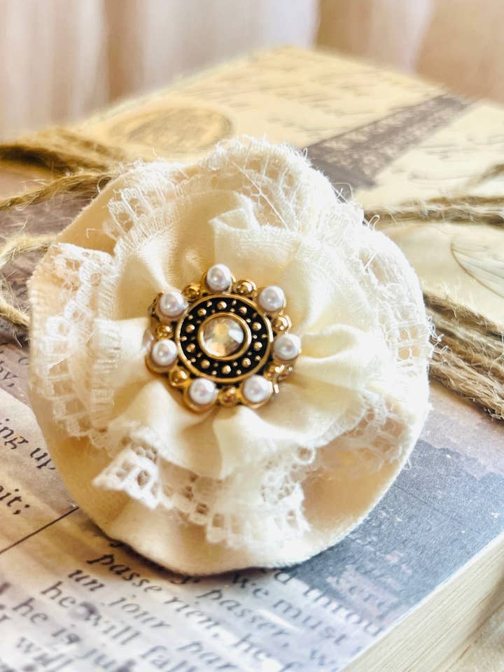 Shabby Chic Velvet & Lace Floral Brooch in Ivory for wholesale by Belle Isa Creations