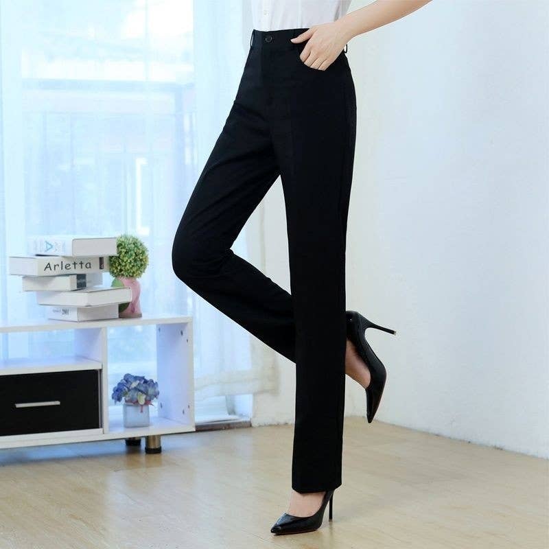 Sheer Trend - Wholesale Pants - Women's - High-Waisted Black Formal Trousers With Stretch0